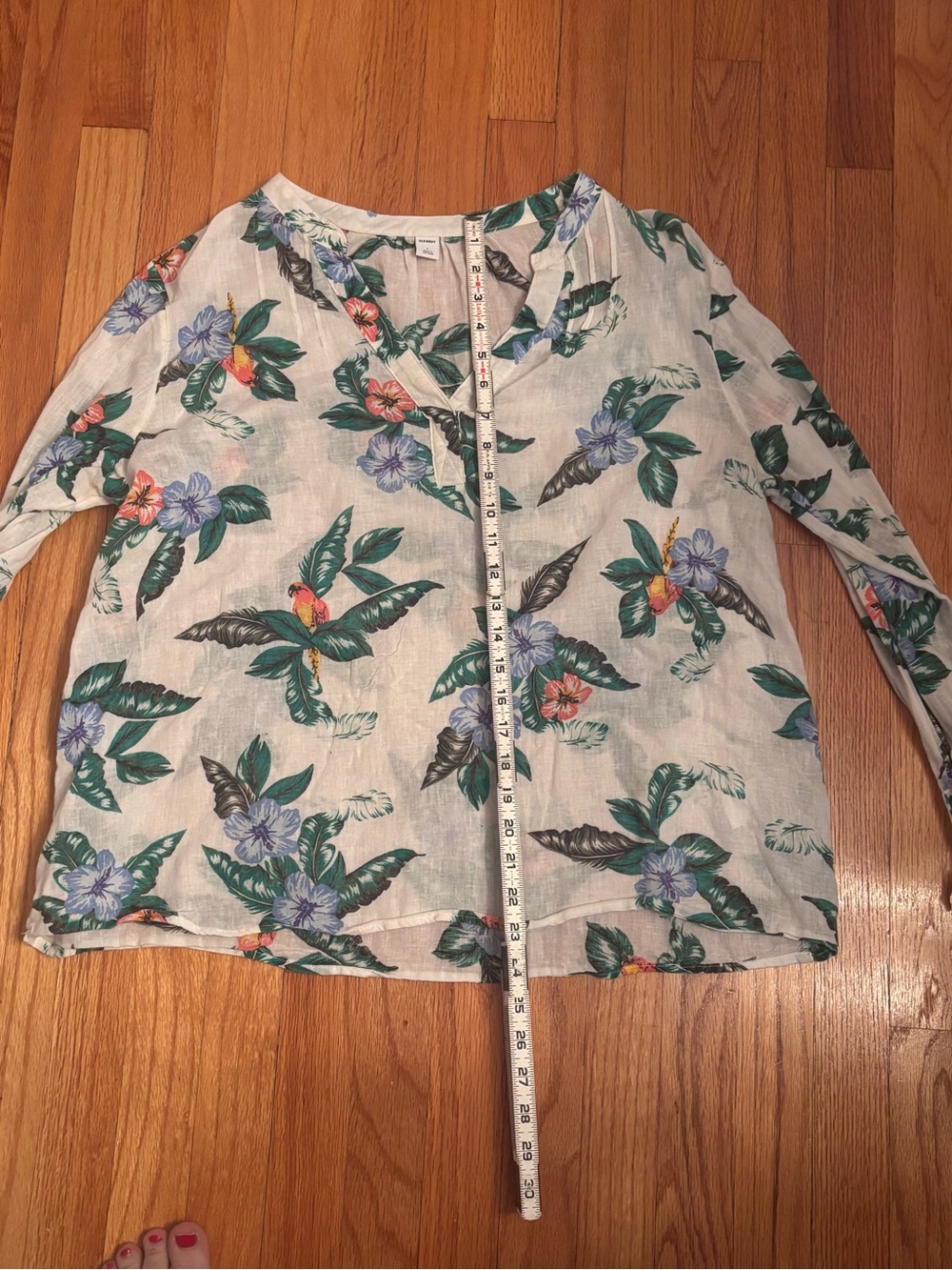 Old Navy Linen Blend Tropical Floral Print Blouse Tie Sleeve Size Large Top - Picture 7 of 9